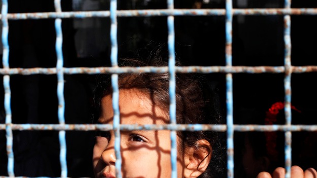 A girl seen inside the UN Deir Al Balah school in Gaza in April this year.