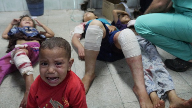 Children are lined up inside West Hospital, Beit Ahoun, in Gaza.