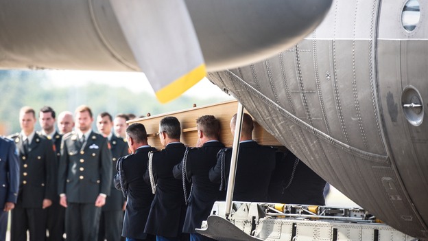 The coffins were carried from the plane during an official reception ceremony in the Netherlands after MH17 downed over rebel-held territory in eastern Ukraine.