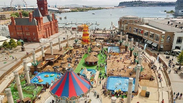Aerial shot of Cardiff Bay's urban beach