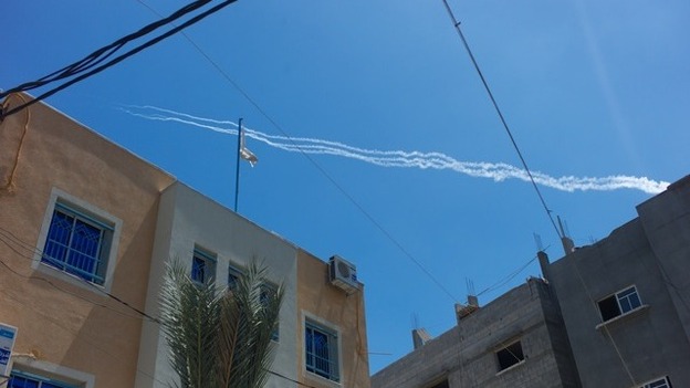 The trail from what are believed to be rockets fired by Hamas from inside Gaza.