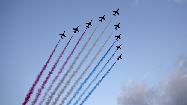 The Red Arrows fly over Celtic Park, during the 2014 Commonwealth Games Opening Ceremony