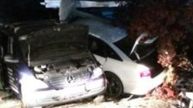car ploughed into a tree and landed next to a parked van and a house.