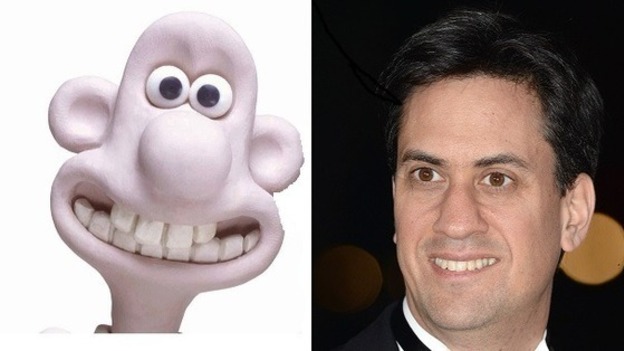 Split screen Wallace of Wallace & Gromit and Ed Miliband
