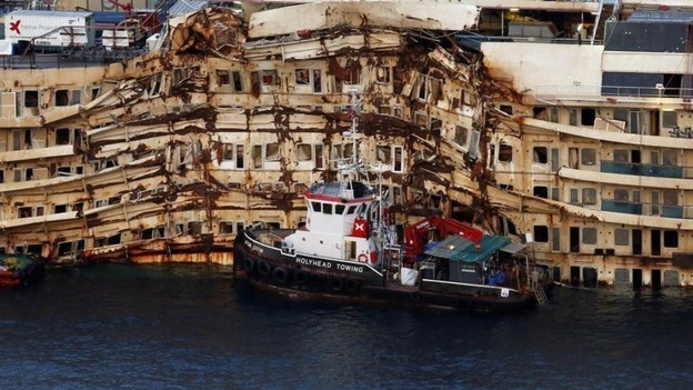 The wreck of the Costa Concordia is seen outside Giglio harbour.