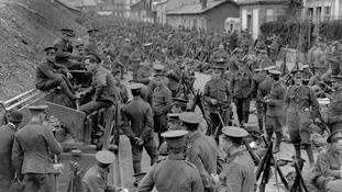 British soldiers from the Royal Welch Fusiliers and the Cheshire Regiment pictured in Belgium, August 1914.