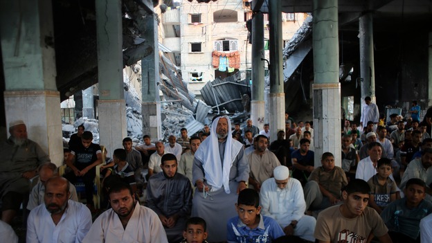 Worshippers in a mosque, which witnesses said was hit by an Israeli air strike, in Rafah.