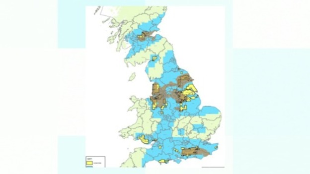 Areas in yellow are already licensed, while those in blue are now available for bids.