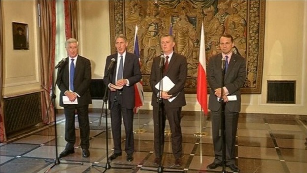Foreign Secretary Philip Hammond and Defence Secretary Michael Fallon in Warsaw today.