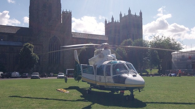 GNAA lands outside Durham Cathedral airlift critically ill patient.