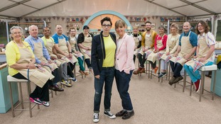 The Great British Bake Off Sue Perkins (centre left) and Mel Giedroyc (centre right), in front of the twelve new contestants.