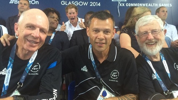 Sir Gordon Tietjens (left), Trevor Shailer (centre) and Gary Hermansson (right) with Prince Harry (centre,back) and William (right,back).