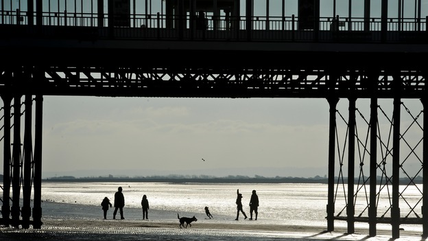People walking with their dogs underneath the Grand Pier at Weston-super-Mare
