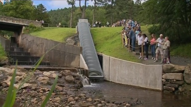 Crowds gather to watch the new power system being turned on.