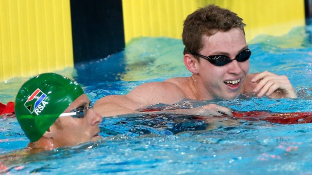 Ben Proud celebrates winning the gold medal in the Men's 50m Butterfly Final,