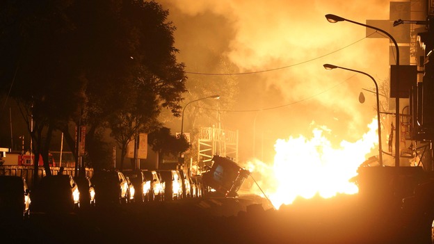 Flames from an underground gas explosion in the streets of Kaohsiung, Taiwan.