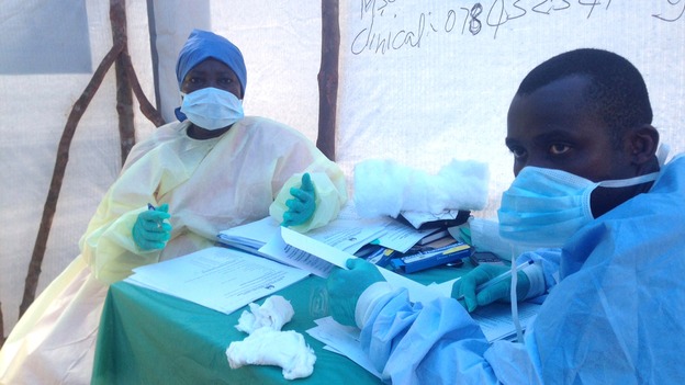 Health workers at an Ebola clinic in Sierra Leone.