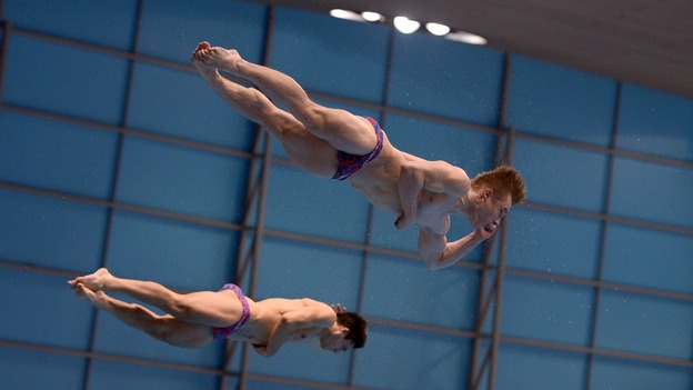 Great Britain's Jack Laugher (top) and Chris Mears in the Synchro Springboard, during the FINA Diving World Series Event in April.