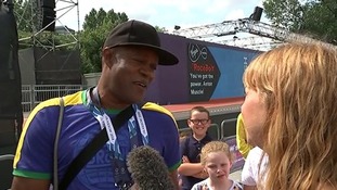 Usain Bolts' father Wellesley speaking to ITV News Scotland Correspondent Debi Edward