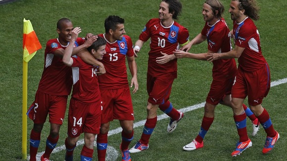 Czech Republic players celebrate their second goal in 2-1 win against Greece.