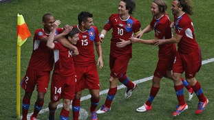 Czech Republic players celebrate their second goal in 2-1 win against Greece.