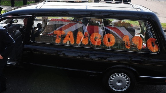 The hearse carrying PC Rathband's coffin outside St Nicholas Cathedral in Newcastle