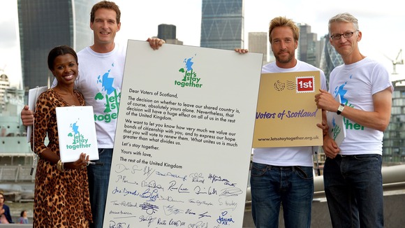 June Sarpong, Dan Snow, Ben Fogle and Tom Holland with the Letter to Scotland.