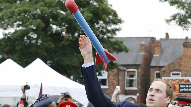 The Duke of Cambridge throws a foam javelin at a children's sports event in Vernon Park in Nottingham