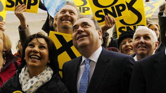 The leader of the Scottish National Party poses with supporters