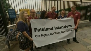 A group of Falkland Islanders outside the United Nations building in New York.