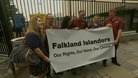 A group of Falkland Islanders outside the United Nations building in New York.