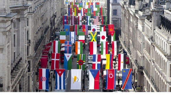 Regent Street in London fly flags from around the globe as it welcomes the world to celebrate the London 2012 games.