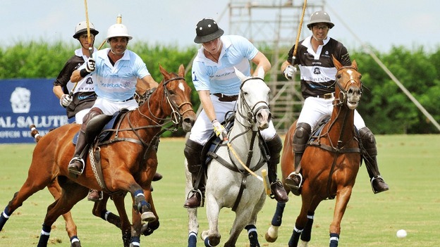 Prince Harry (centre) in action during a the polo match