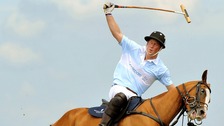 Prince Harry in action during a Polo match when he captained Sentebale against St Regis, for charity at Campinas in Brazil.