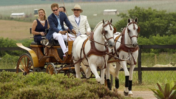 Prince Harry steers a coach and horses into the Polo field at the Haras Larissa Hotel complex