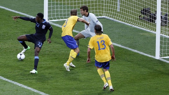England striker Danny Welbeck scores the winner against Sweden.