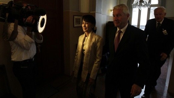 Aung San Suu Kyi arrives at the Nobel Institute for a meeting with the Norwegian Nobel Committee in Oslo