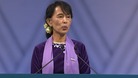 Burmese opposition leader Aung San Suu Kyi makes her speech in Oslo.