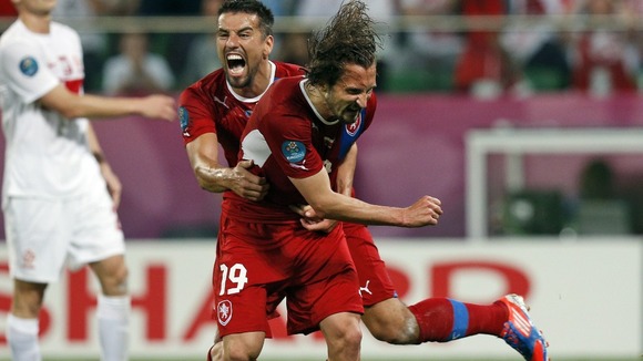 Jiracek and Baros celebrate the Czechs' goal
