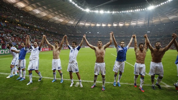 Greece's players celebrated in style on the pitch in Warsaw