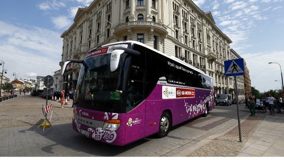 The Russia team bus departs Poland after their elimination.