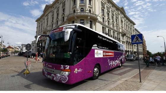 The Russia team bus departs Poland after their elimination.