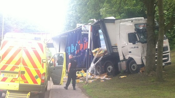 The lorry passed through the bridge in Tipton and hit a tree spilling the cereal