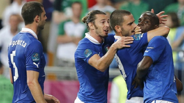 Mario Balotelli (right) seemed to celebrate his goal against Ireland by aiming a volley of words at someone, perhaps boss Cesare Prandelli?