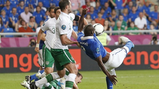 Italy striker Mario Balotelli scores against Ireland.