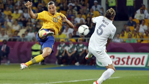 Sweden striker Zlatan Ibrahimovic scores the first against France.
