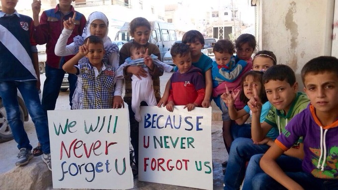 kids with banners