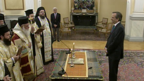 Antonis Samaras of the New Democracy being sworn in as Prime Minister in Athens