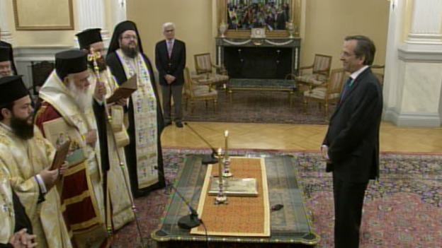 Antonis Samaras of the New Democracy being sworn in as Prime Minister in Athens