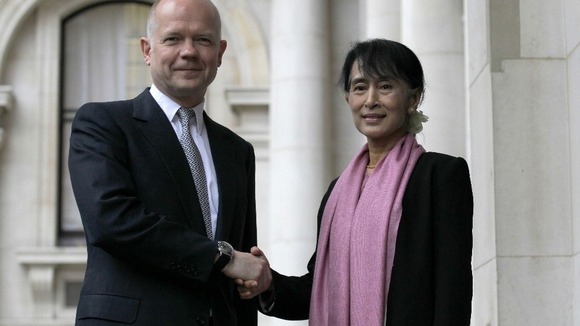 Burmese pro-democracy campaigner Aung San Suu Kyi meets with Foreign Secretary William Hague